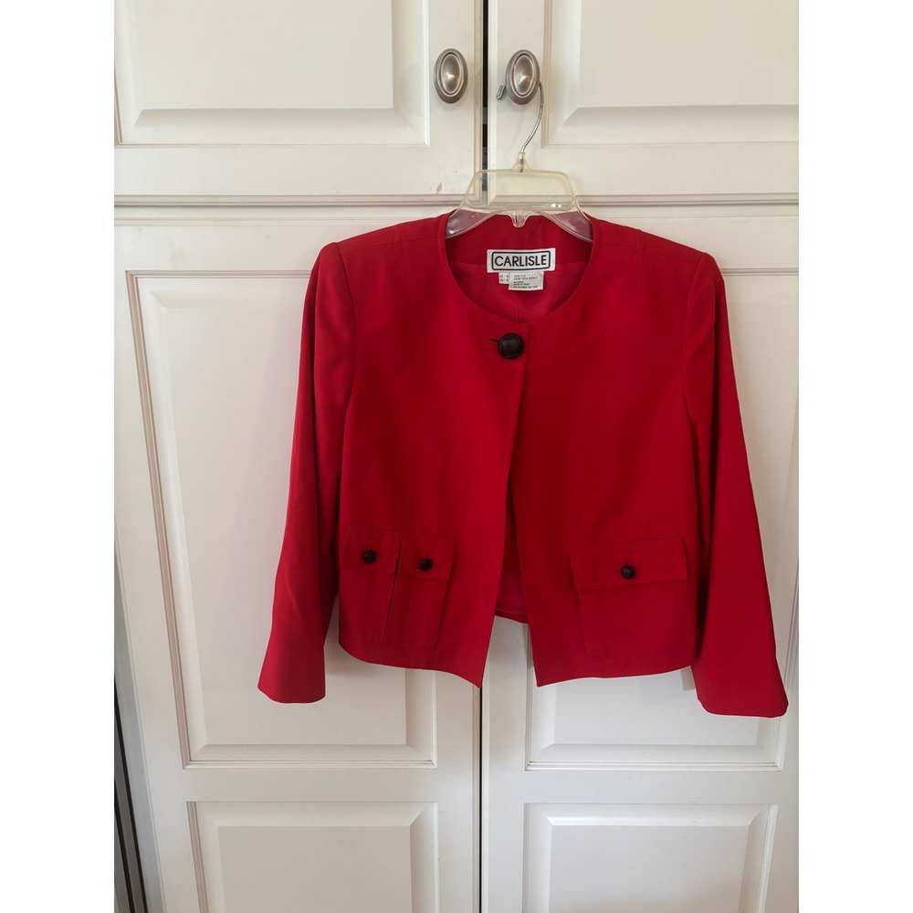 CARLISLE Red Silk Cropped Jacket Blazer Womens Size 4 Button Pockets